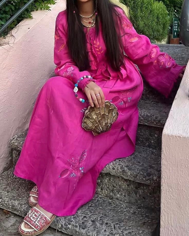 Fuchsia Floral Embroidered Angel Sleeve Linen Kaftan Maxi Dress