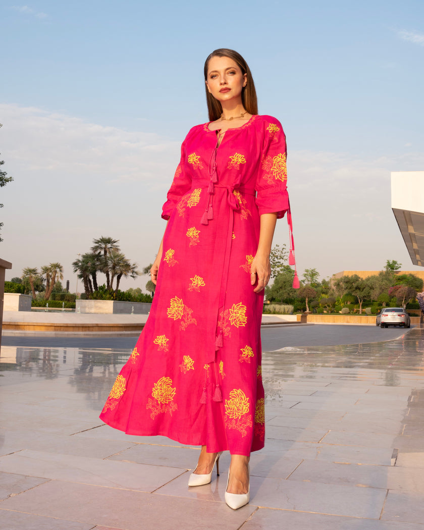 Fuchsia Embroidered Linen Maxi Dress | ZALXNDRA