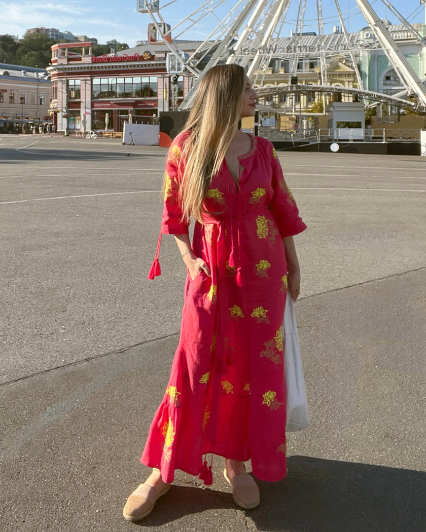 Coral Embroidered Linen Maxi Dress | ZALXNDRA