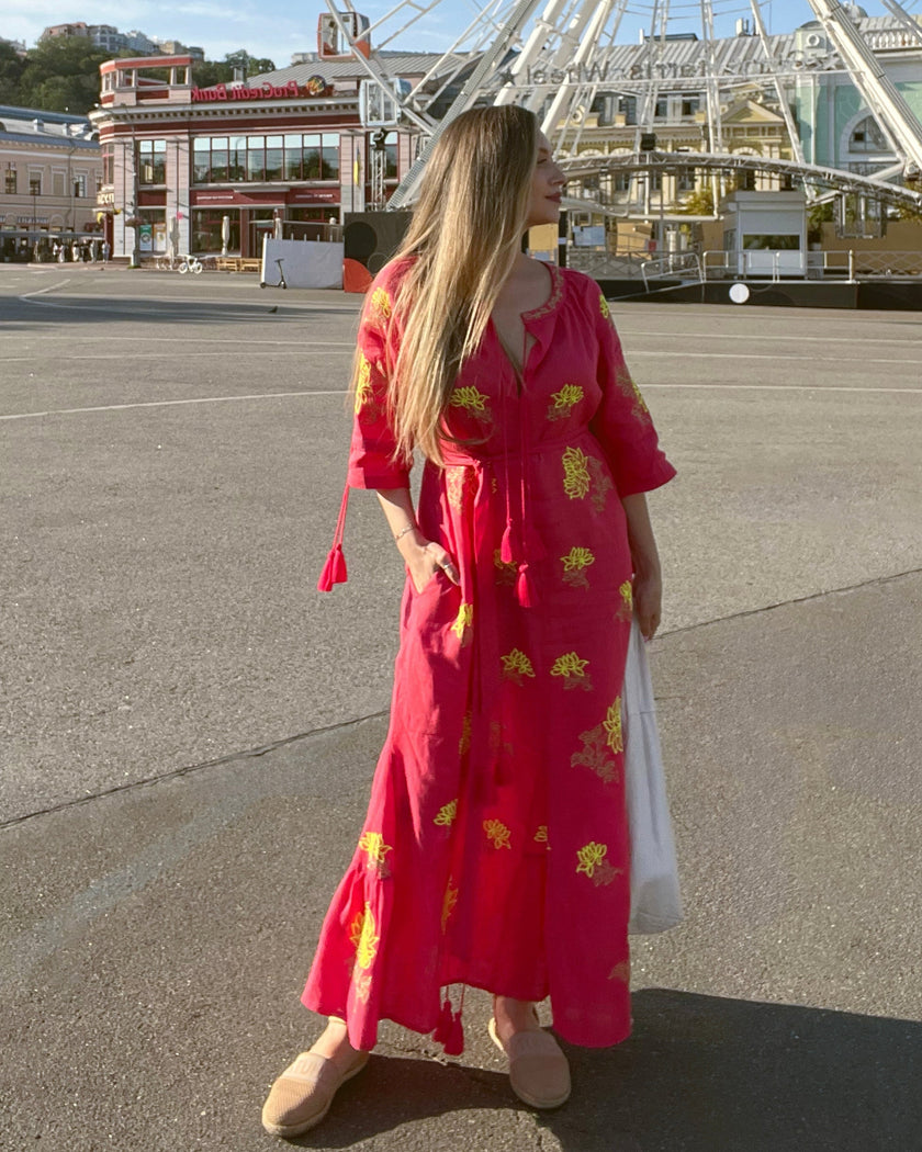 Coral Yellow Floral Embroidered Linen Kaftan Maxi Dress