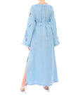 Back view of powder blue linen kaftan maxi dress with floral embroidery, angel sleeves, and side slit - Zalxndra Resort