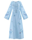 Powder blue linen kaftan maxi dress with floral embroidery, angel sleeves, frayed trim, and tassel ties on flat lay - Zalxndra Resort