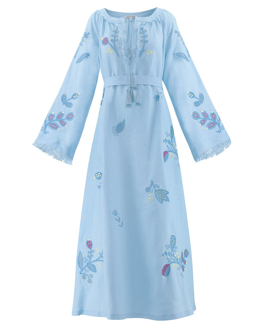 Powder blue linen kaftan maxi dress with floral embroidery, angel sleeves, frayed trim, and tassel ties on flat lay - Zalxndra Resort