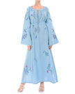 Full-length view of powder blue linen kaftan maxi dress with floral embroidery, angel sleeves, and tassel ties - Zalxndra Resort