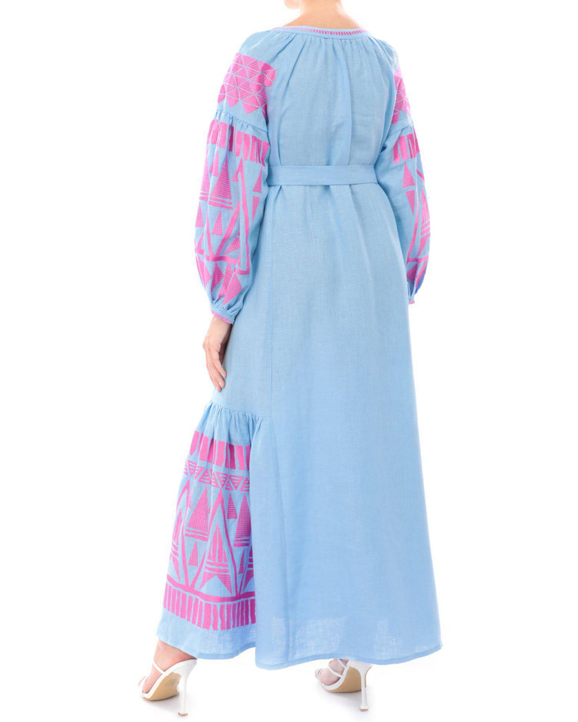 Powder blue linen kaftan maxi dress with pink geometric embroidery, balloon sleeves and self-tie belt, back view - Zalxndra Resort
