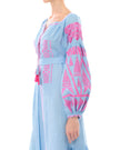 Powder blue linen kaftan maxi dress with pink geometric embroidery, balloon sleeves and pink tassel ties, embroidery detail view - Zalxndra Resort