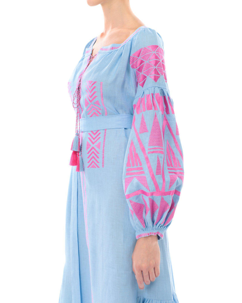 Powder blue linen kaftan maxi dress with pink geometric embroidery, balloon sleeves and pink tassel ties, embroidery detail view - Zalxndra Resort