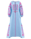 Powder blue linen kaftan maxi dress with pink geometric embroidery, balloon sleeves, tassel tie neckline and self-tie belt, front view - Zalxndra Resort