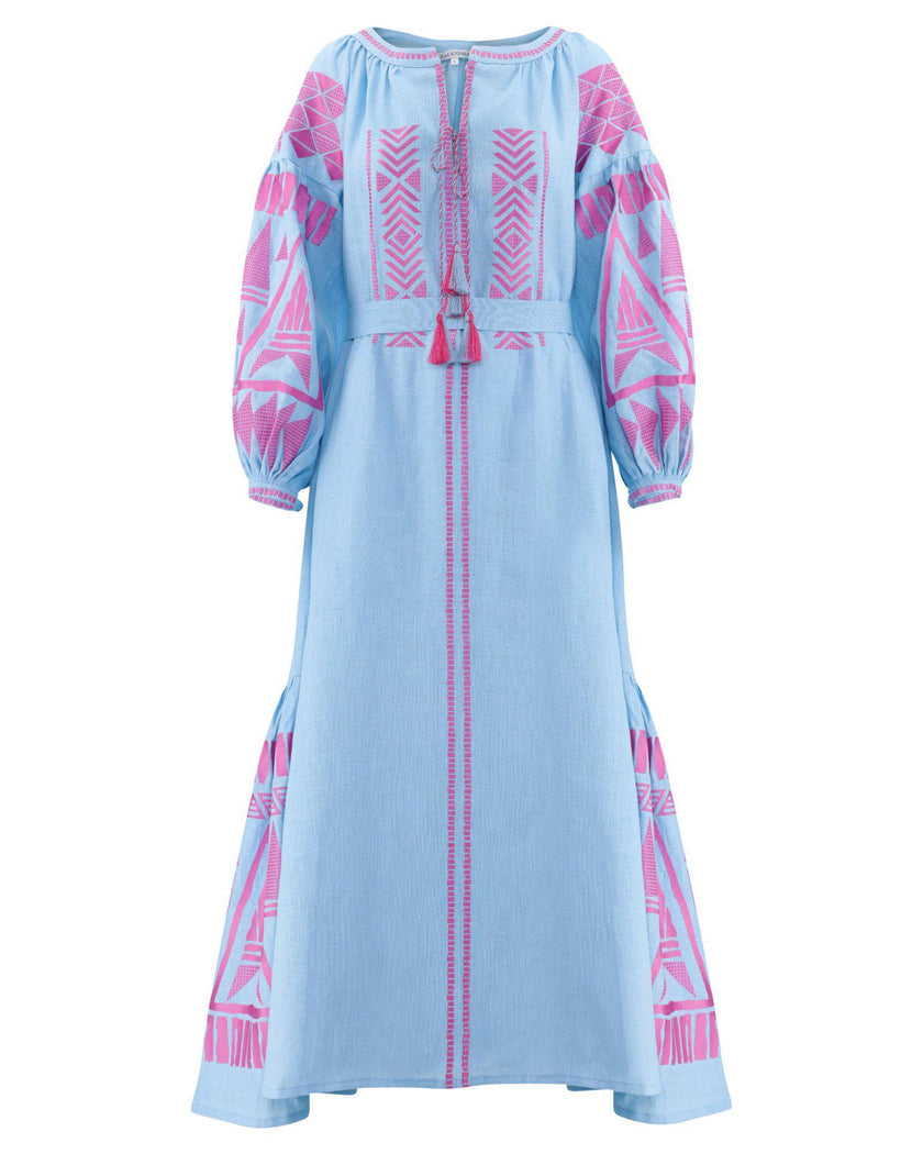 Powder blue linen kaftan maxi dress with pink geometric embroidery, balloon sleeves, tassel tie neckline and self-tie belt, front view - Zalxndra Resort