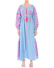 Powder blue linen kaftan maxi dress with pink geometric embroidery, balloon sleeves, tassel tie neckline and self-tie belt, full-length view - Zalxndra Resort