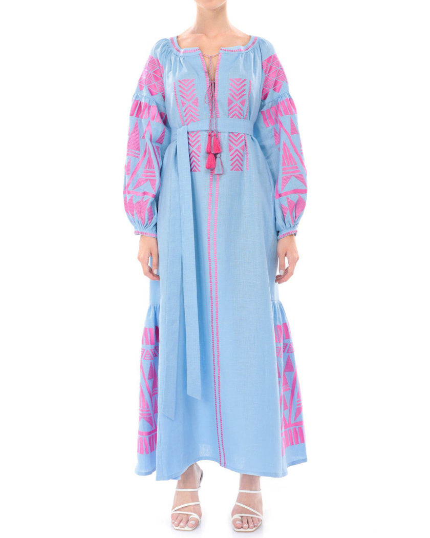 Powder blue linen kaftan maxi dress with pink geometric embroidery, balloon sleeves, tassel tie neckline and self-tie belt, full-length view - Zalxndra Resort