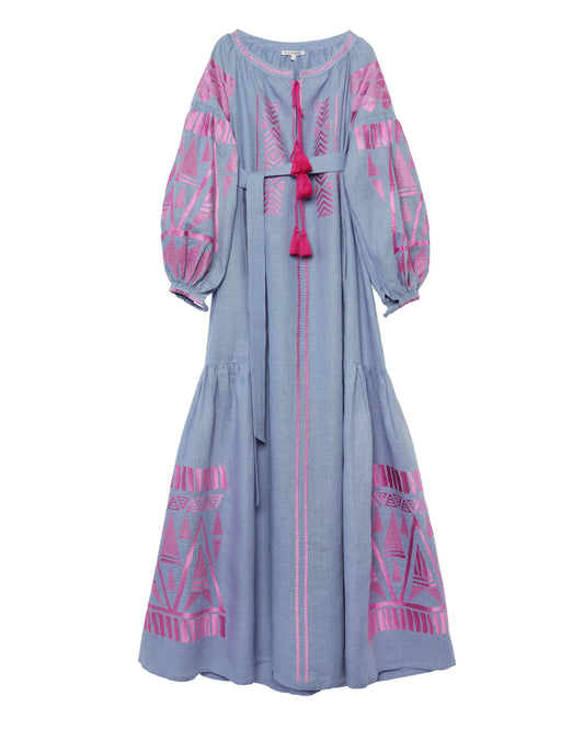 Dark Powder Blue Embroidered Linen Long Dress – Balloon Sleeves