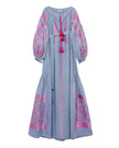 Dark Powder Blue Embroidered Linen Long Dress – Balloon Sleeves