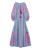 Dark Powder Blue Embroidered Linen Long Dress – Balloon Sleeves