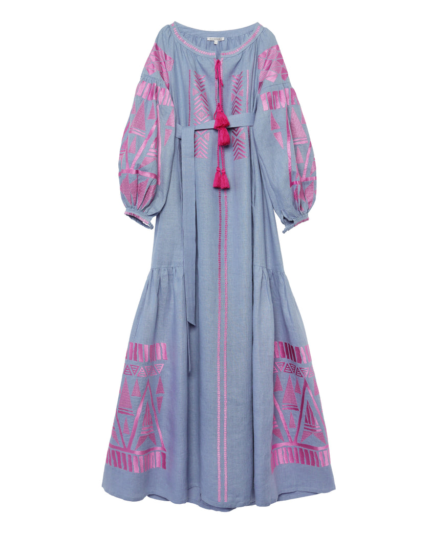Chambray Blue Pink Geometric Embroidered Extra-Long Linen Kaftan Maxi Dress
