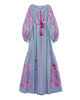 Dark Powder Blue Embroidered Linen Long Dress – Balloon Sleeves