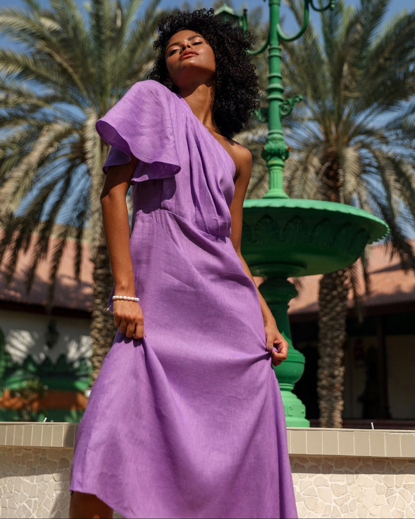 Purple One-Shoulder Asymmetric Linen Midi Dress