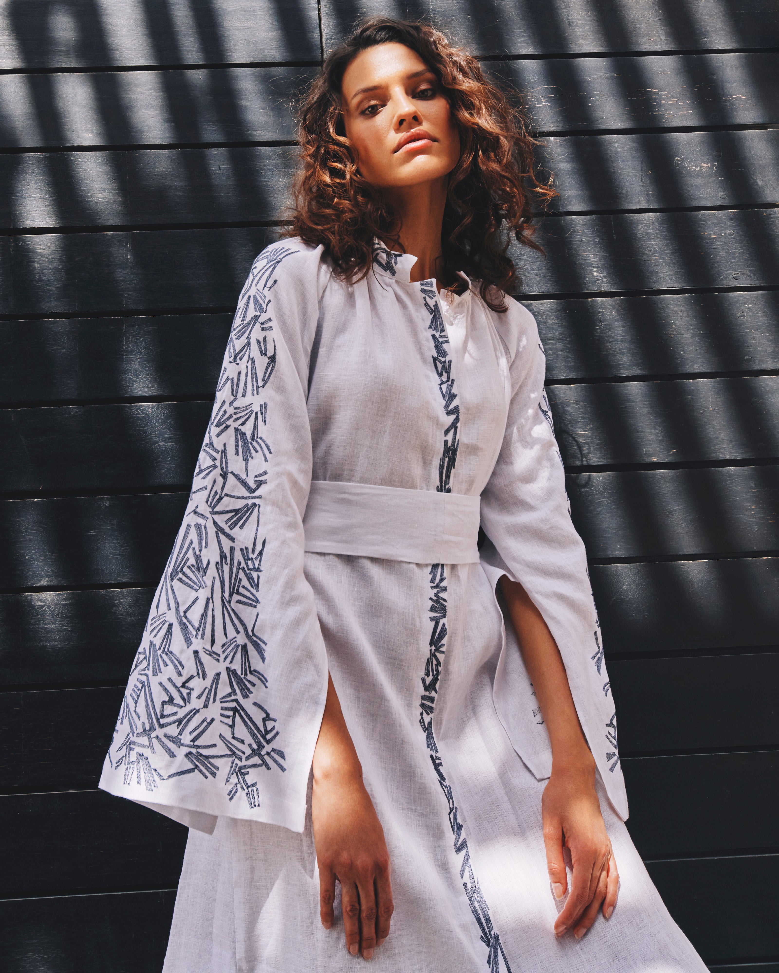 White Embroidered Linen Maxi Dress || ZALXNDRA