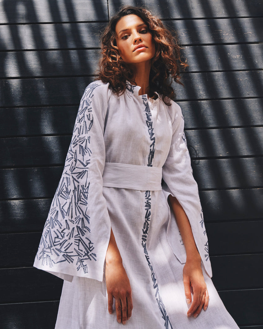 White Embroidered Linen Maxi Dress | ZALXNDRA