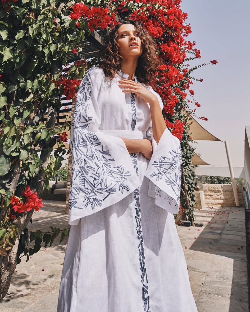 White Embroidered Linen Maxi Dress | ZALXNDRA