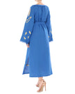 Royal blue linen kaftan maxi dress with gold leaf embroidery, angel sleeves with frayed trim and self-tie belt, back view - Zalxndra Resort