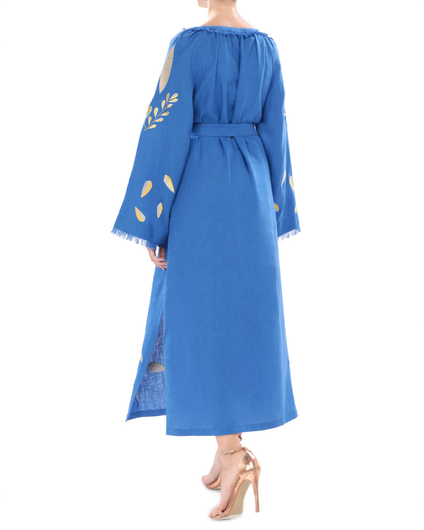 Royal blue linen kaftan maxi dress with gold leaf embroidery, angel sleeves with frayed trim and self-tie belt, back view - Zalxndra Resort