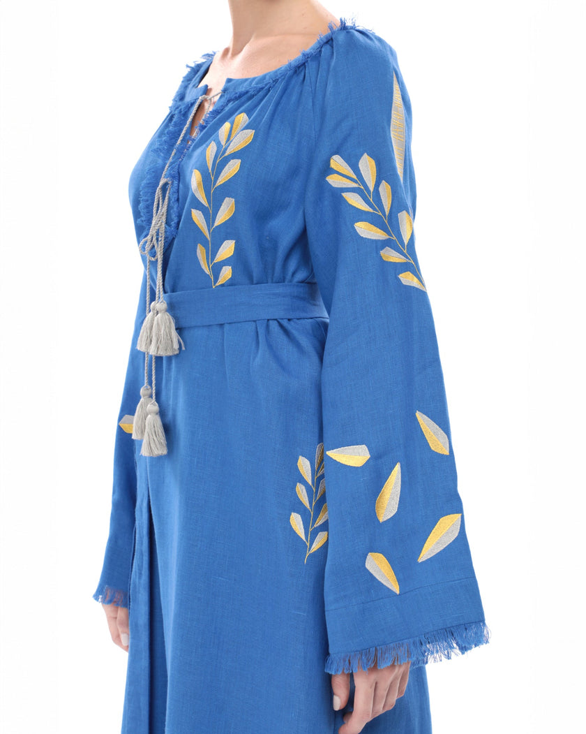 Royal blue linen kaftan maxi dress with gold leaf embroidery, angel sleeves with frayed trim and tassel ties, embroidery detail view - Zalxndra Resort