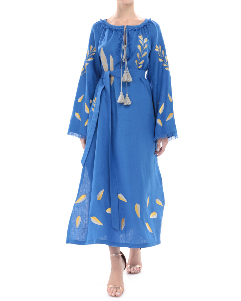 Royal blue linen kaftan maxi dress with gold leaf embroidery, angel sleeves with frayed trim, tassel tie neckline and self-tie belt, full-length view - Zalxndra Resort