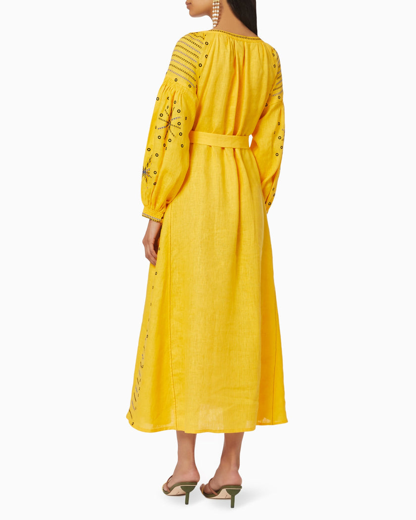 Saffron yellow linen kaftan maxi dress with navy geometric embroidery, balloon sleeves and self-tie belt, back view - Zalxndra Resort