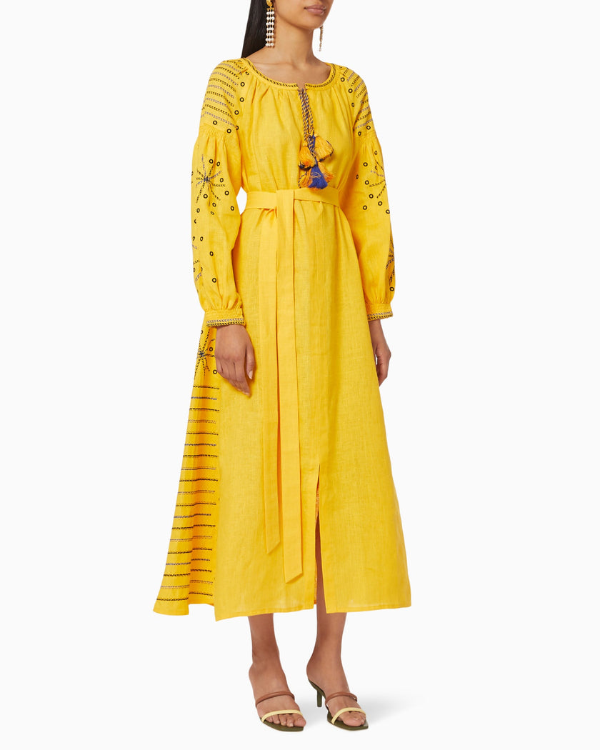 Saffron yellow linen kaftan maxi dress with navy geometric embroidery, balloon sleeves, tassel tie neckline and self-tie belt, front view - Zalxndra Resort