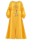 Saffron yellow linen kaftan maxi dress with navy geometric embroidery, balloon sleeves, tassel tie neckline and self-tie belt, full-length view - Zalxndra Resort