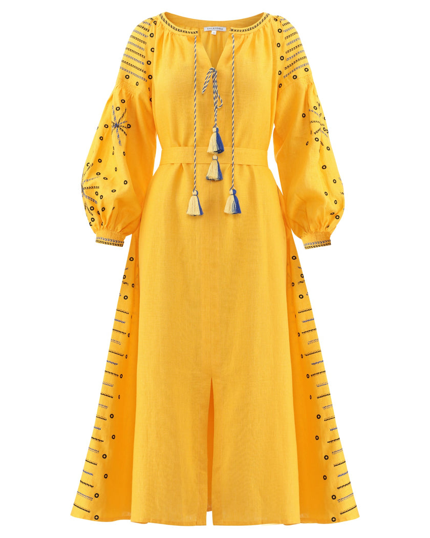 Saffron yellow linen kaftan maxi dress with navy geometric embroidery, balloon sleeves, tassel tie neckline and self-tie belt, full-length view - Zalxndra Resort