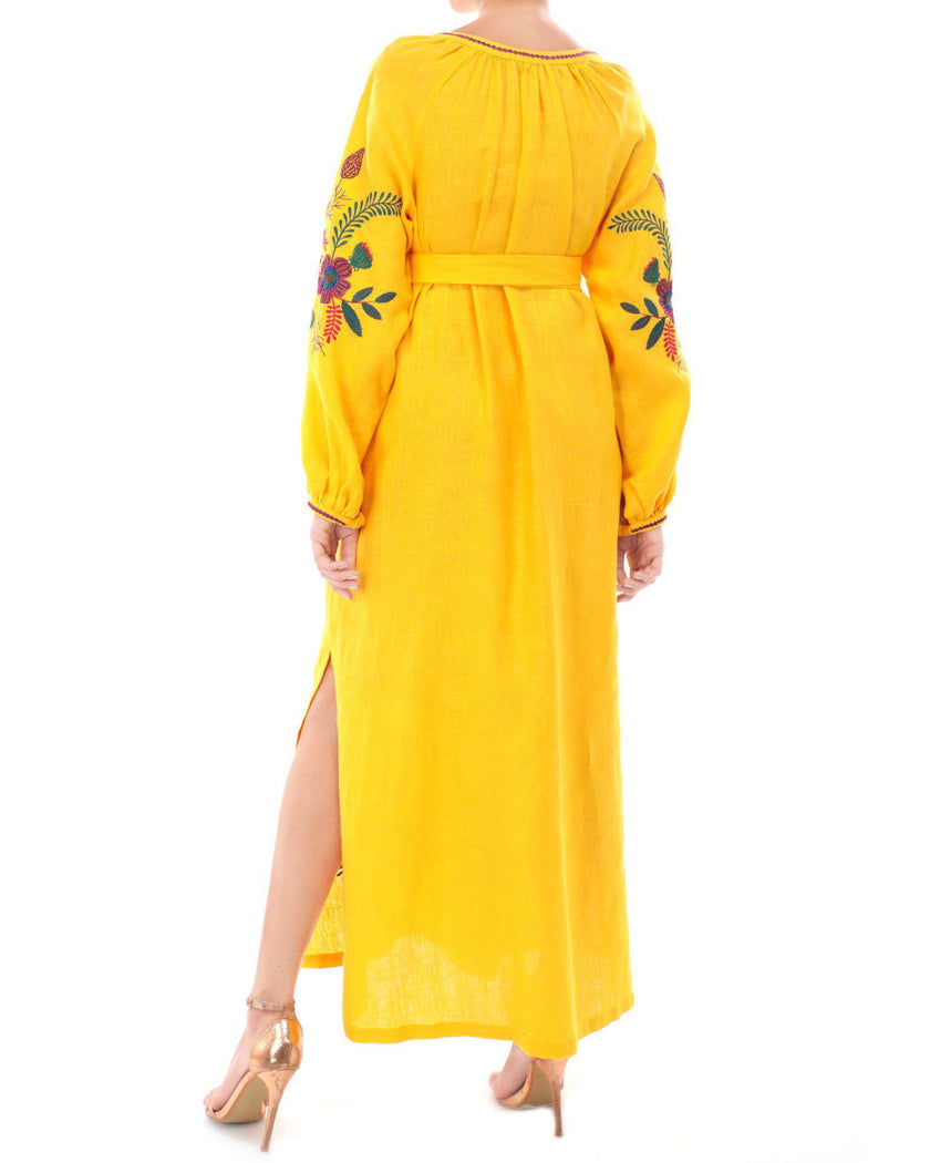 Saffron yellow linen kaftan maxi dress with multicolour floral embroidery on balloon sleeves, self-tie belt, and side slit, back view - Zalxndra Resort