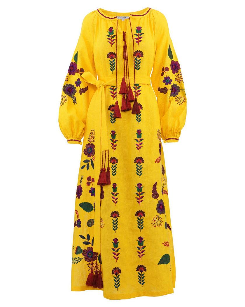 Saffron yellow linen kaftan maxi dress with multicolour floral embroidery, balloon sleeves, self-tie belt, and tassel ties, front view - Zalxndra Resort