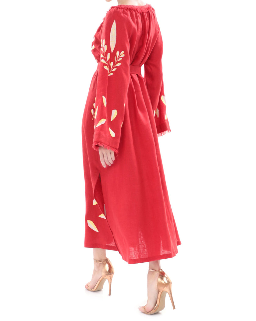 Scarlet red linen kaftan maxi dress with gold leaf embroidery, angel sleeves and frayed trim, back view - Zalxndra Resort