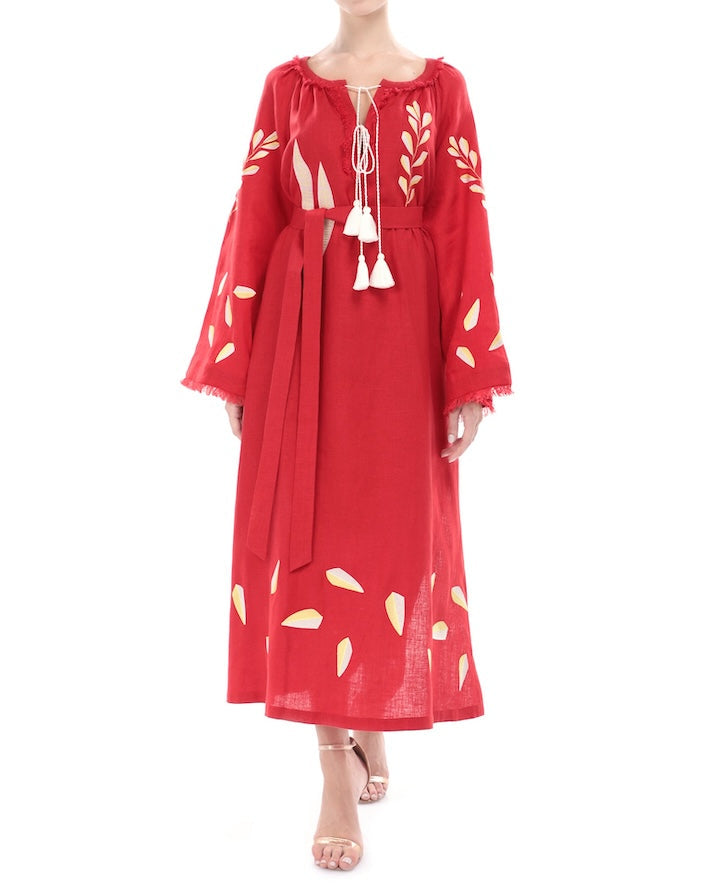 Scarlet red linen kaftan maxi dress with gold leaf embroidery, angel sleeves with frayed trim, white tassel ties and self-tie belt, front view - Zalxndra Resort