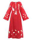 carlet red linen kaftan maxi dress with gold leaf embroidery, angel sleeves with frayed trim and white tassel ties, full length view - Zalxndra Resort