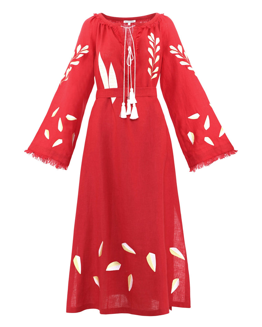 carlet red linen kaftan maxi dress with gold leaf embroidery, angel sleeves with frayed trim and white tassel ties, full length view - Zalxndra Resort