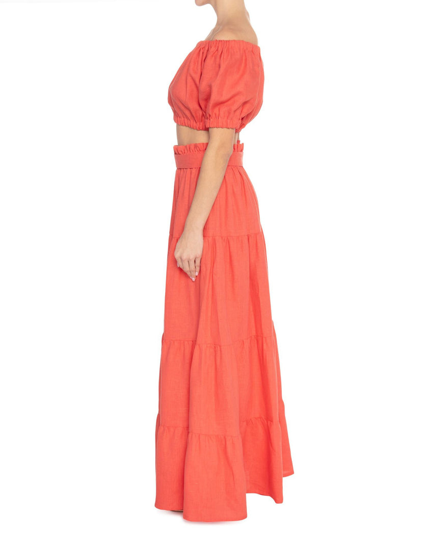 Coral Linen Off-Shoulder Crop Top and Maxi Skirt Co-ord Set