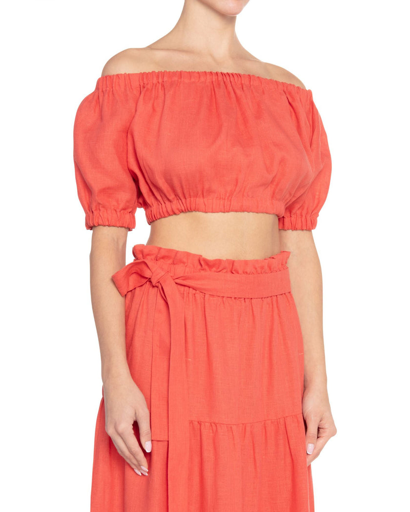 Coral Linen Off-Shoulder Crop Top and Maxi Skirt Co-ord Set