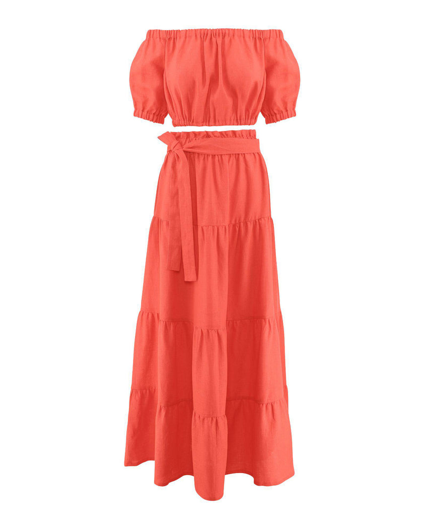 Coral Linen Off-Shoulder Crop Top and Maxi Skirt Co-ord Set