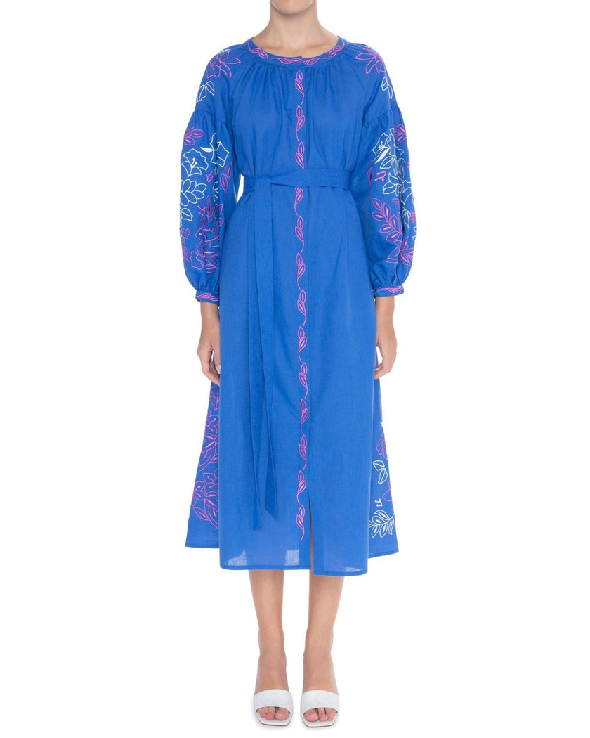 Blue Pink White Floral Embroidered Linen Kaftan Maxi Dress