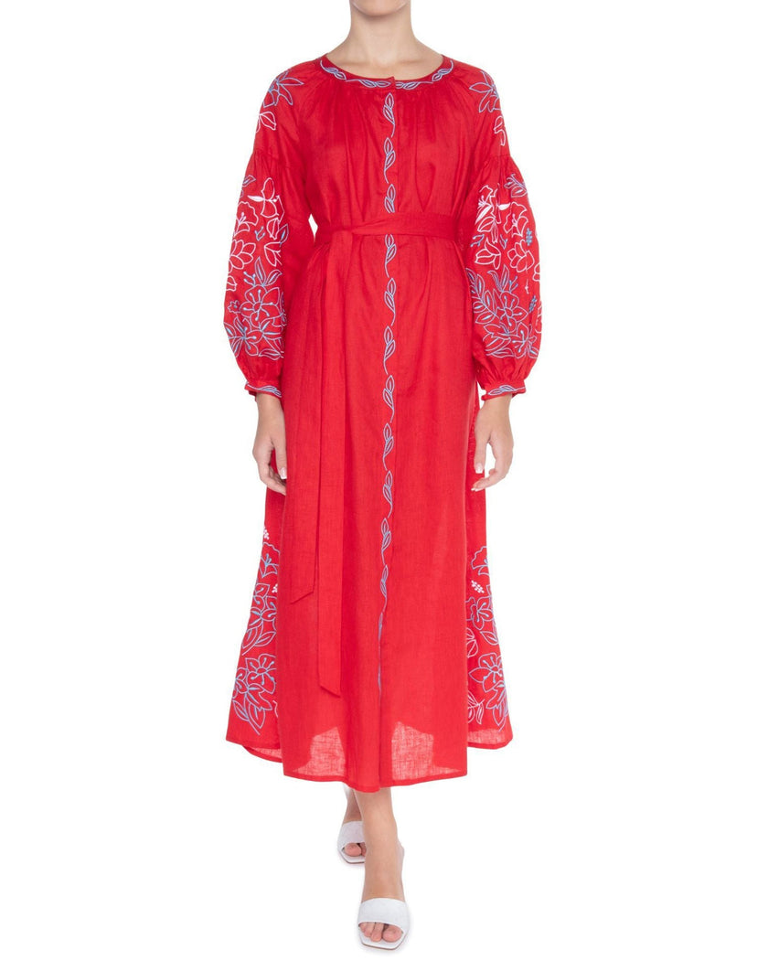 Scarlet Red Blue White Floral Embroidered Linen Kaftan Maxi Dress