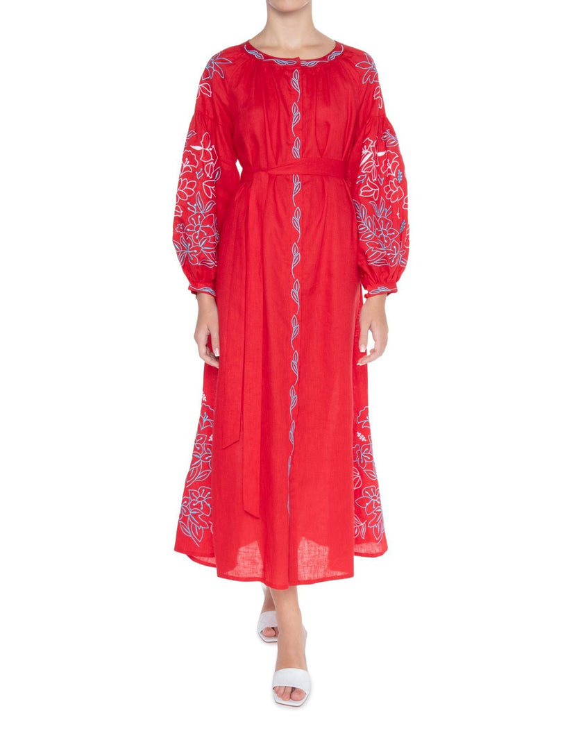 Scarlet Red Embroidered Linen Maxi Dress – Balloon Sleeves