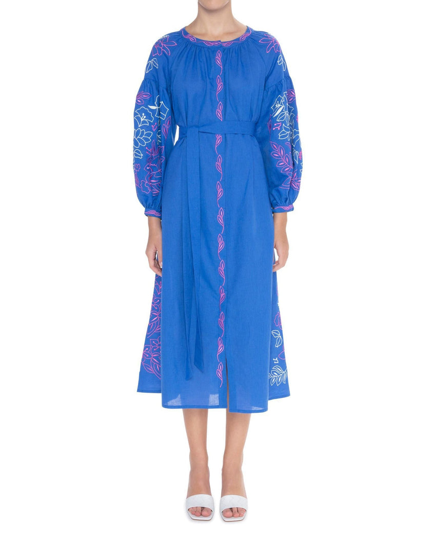 Blue Embroidered Linen Maxi Dress – Balloon Sleeves | ZALXNDRA