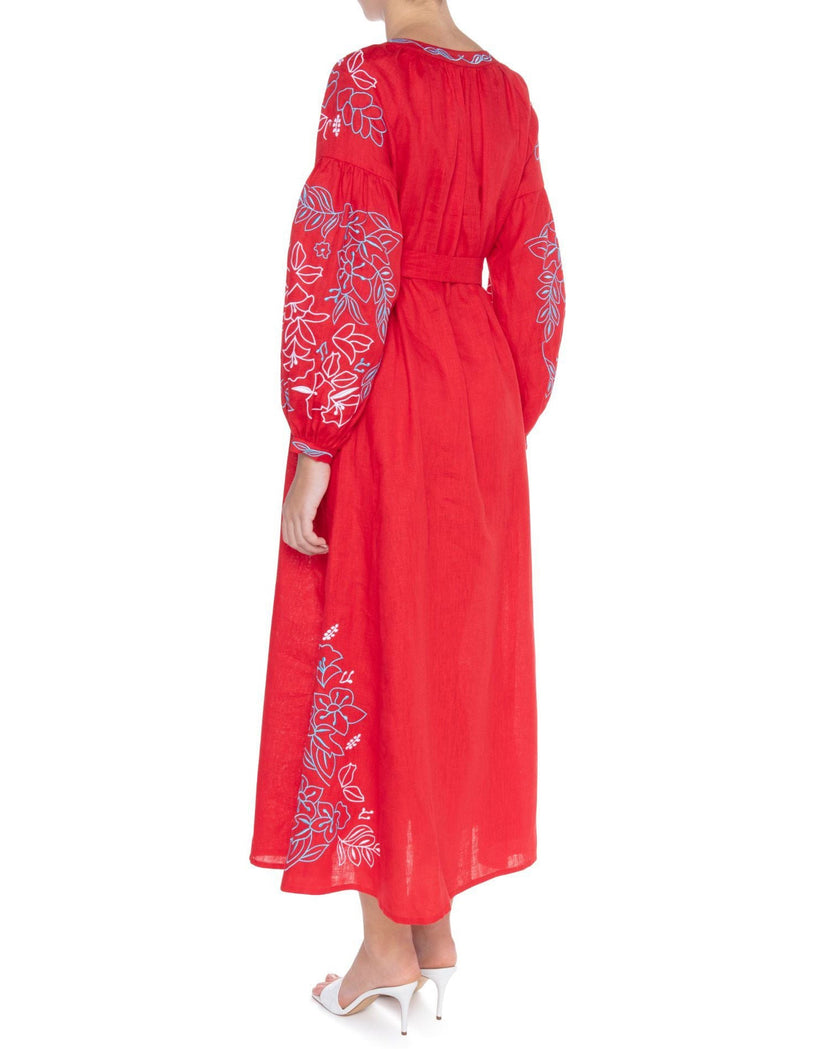 Scarlet Red Blue White Floral Embroidered Linen Kaftan Maxi Dress