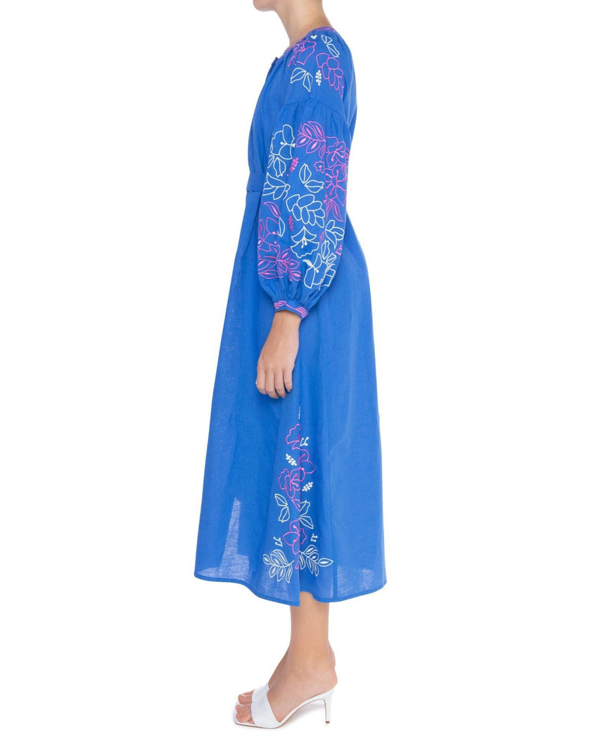 Blue Pink White Floral Embroidered Linen Kaftan Maxi Dress