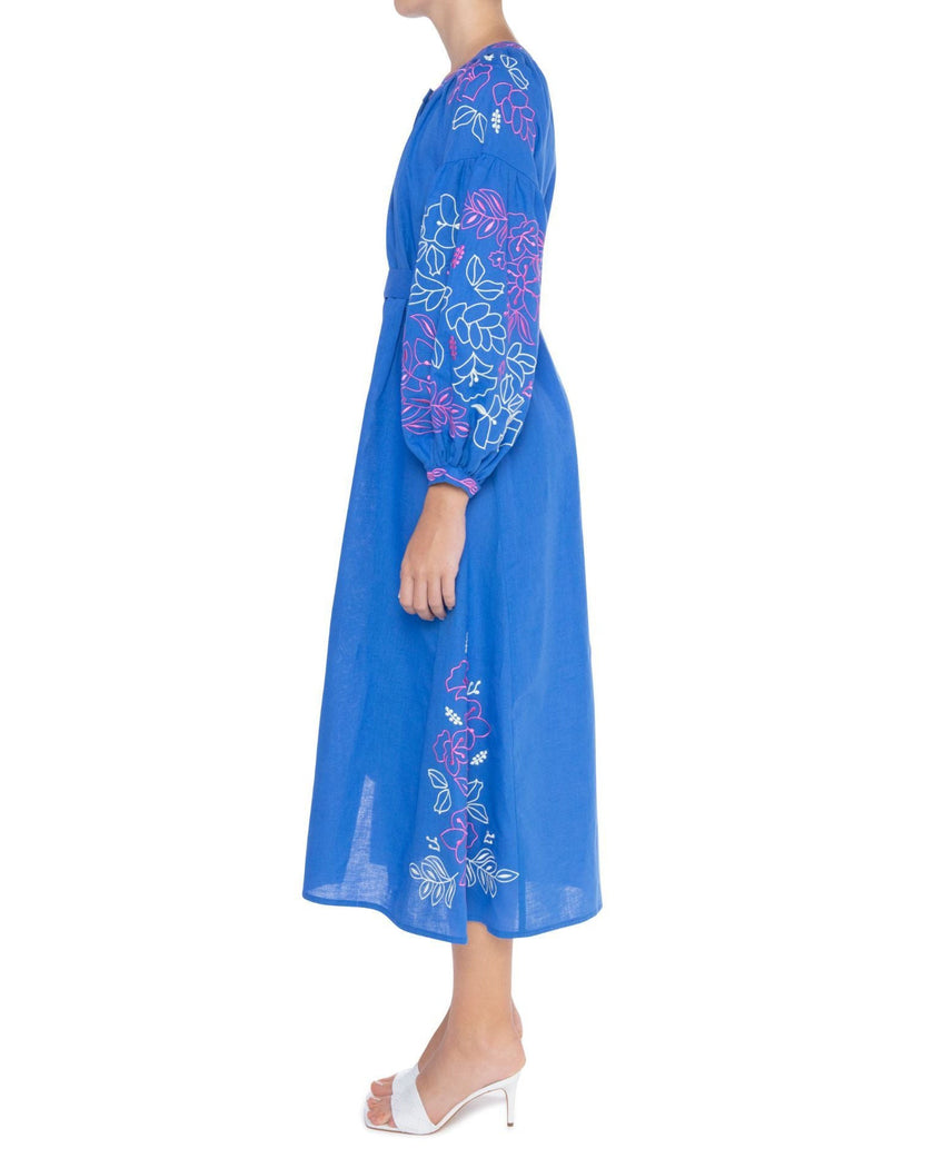 Blue Embroidered Linen Maxi Dress – Balloon Sleeves | ZALXNDRA