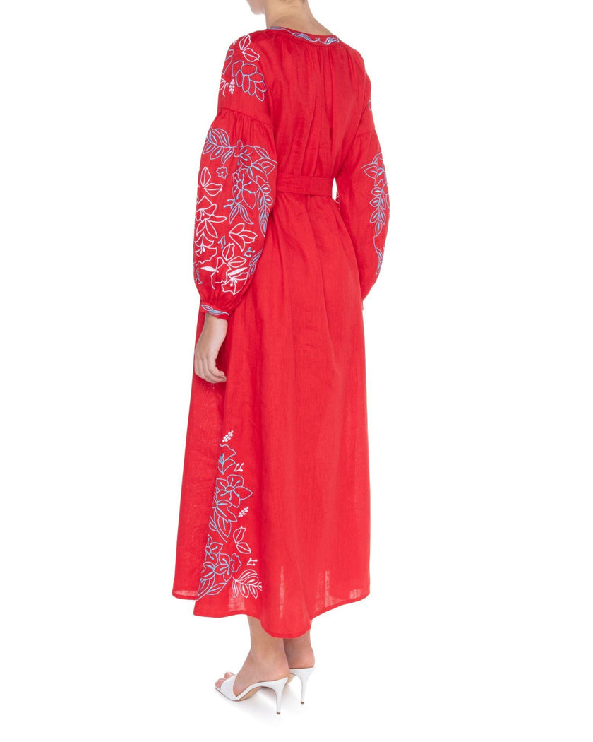 Scarlet Red Embroidered Linen Maxi Dress – Balloon Sleeves