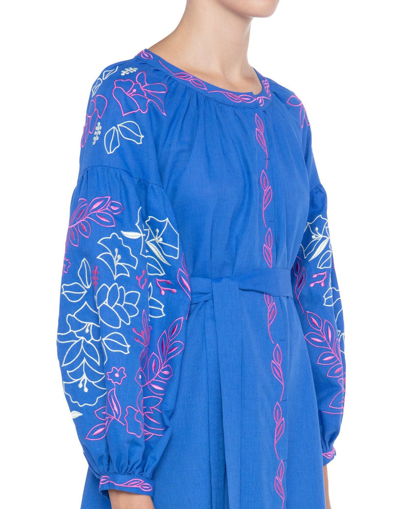 Blue Pink White Floral Embroidered Linen Kaftan Maxi Dress